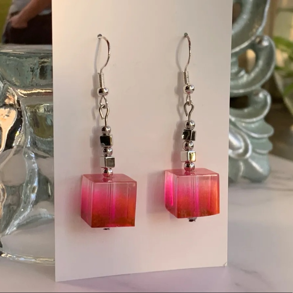 Crystal and pink ombré cube earrings